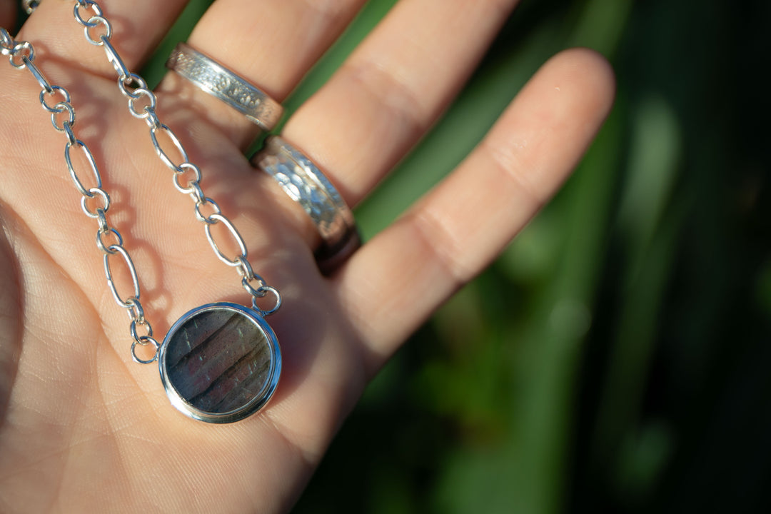 Round Labradorite Pendant on Sterling Silver Link Chain Necklace