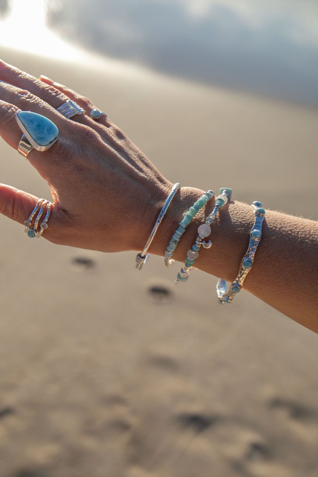 Larimar Bangle in Beaten Sterling Silver