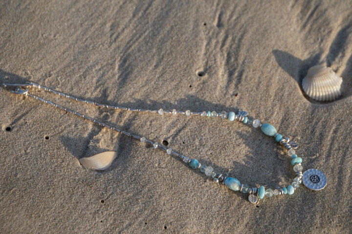 Sweet Larimar, Aquamarine, Rainbow Moonstone + Thai Hill Tribe Silver Necklace, with Om Pendant