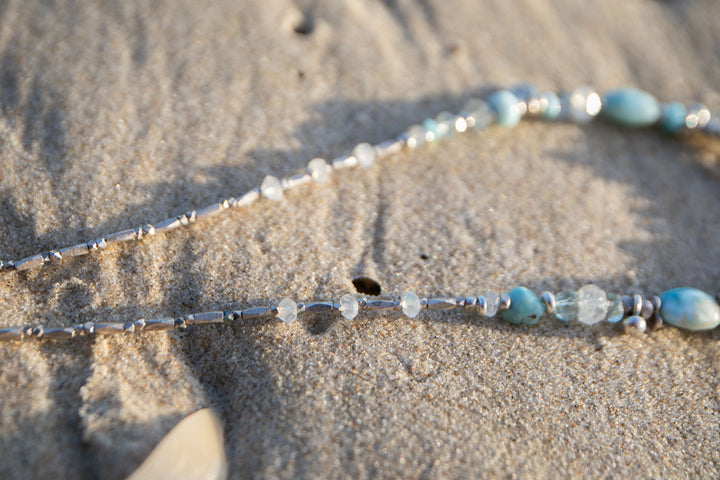 Sweet Larimar, Aquamarine, Rainbow Moonstone + Thai Hill Tribe Silver Necklace, with Om Pendant