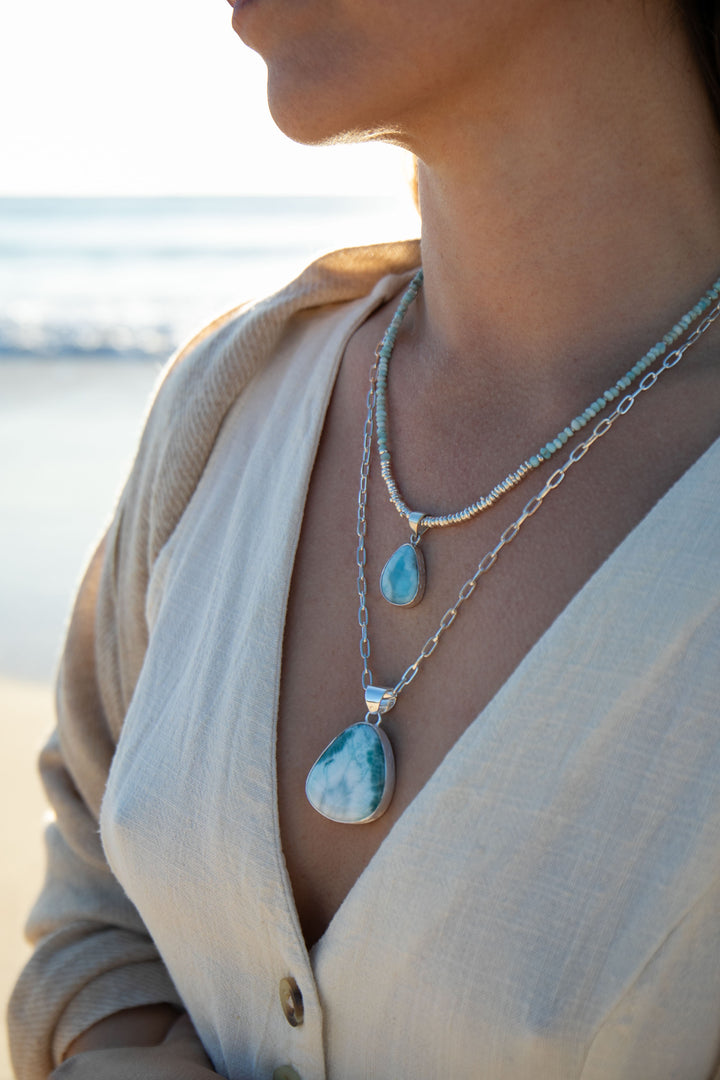 Beaded Larimar Necklace and Pendant Combination
