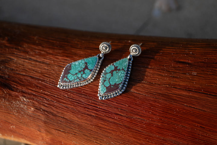 Genuine Turquoise Dangle Stud Earrings set in Sterling Silver