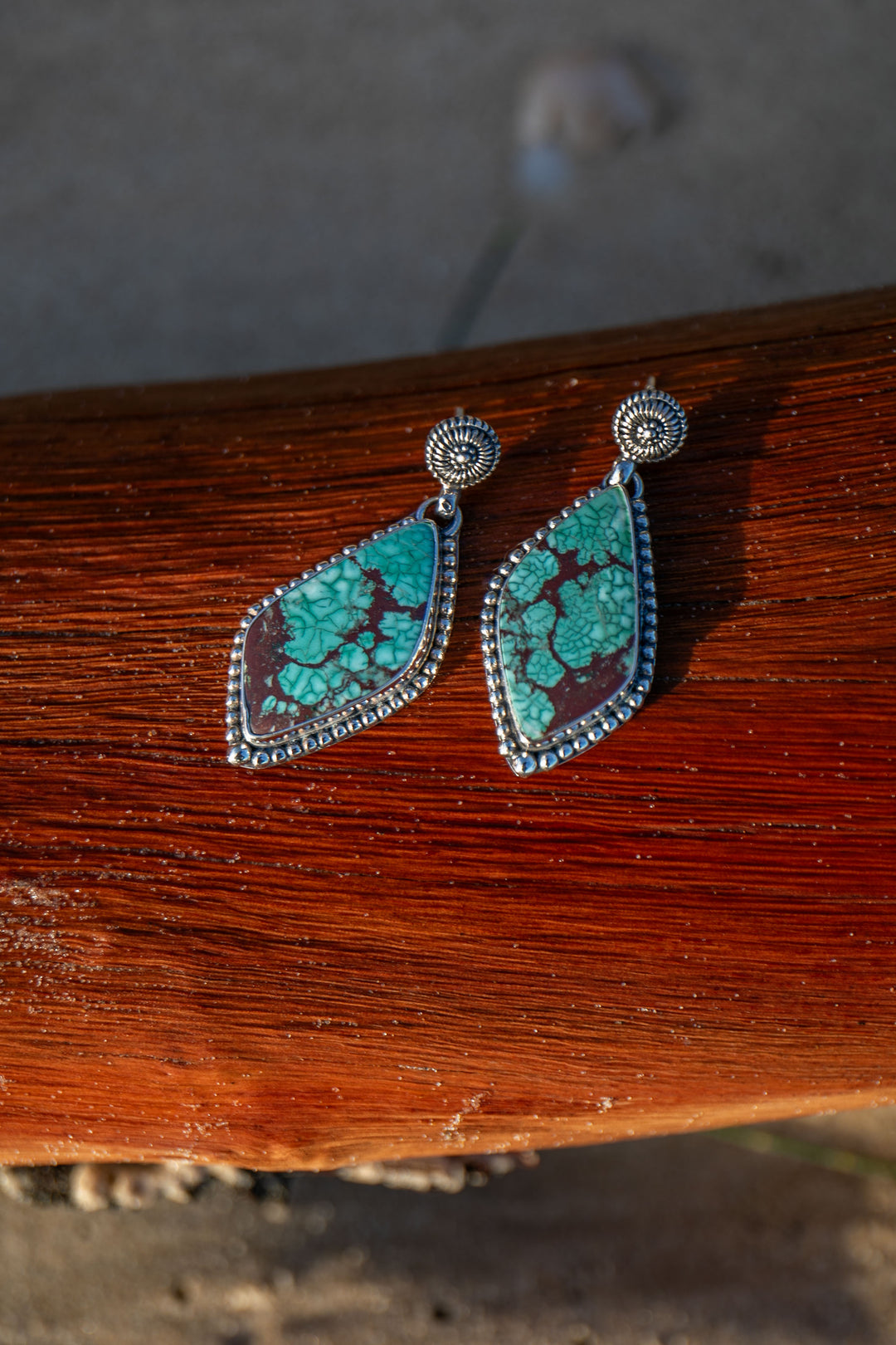 Genuine Turquoise Dangle Stud Earrings set in Sterling Silver