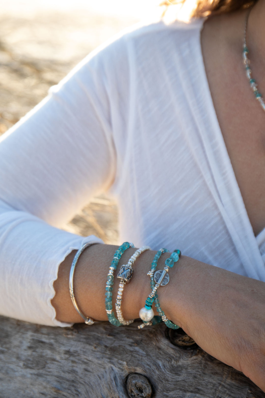 Beaded Apatite Bracelet with Thai Hill Tribe Silver Beads