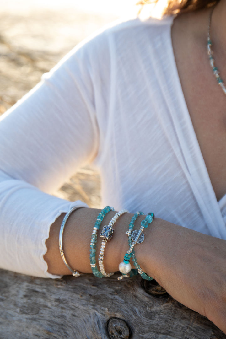 Beaded Apatite Bracelet with Thai Hill Tribe Silver Beads