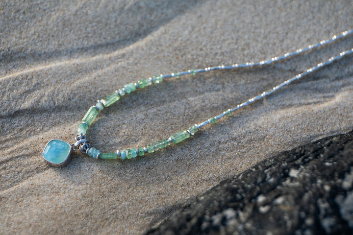 Reserved for Mimi ** Green Kyanite, Tourmaline Necklace and Thai Hill Tribe Silver Necklace with Peruvian Opal Pendant