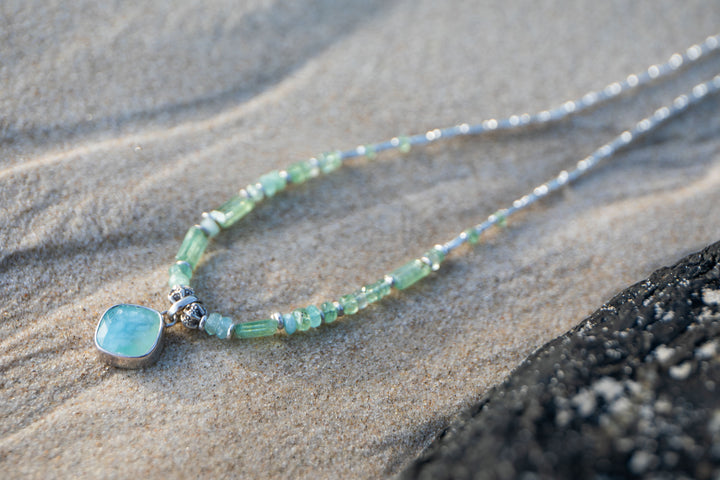 Reserved for Mimi ** Green Kyanite, Tourmaline Necklace and Thai Hill Tribe Silver Necklace with Peruvian Opal Pendant