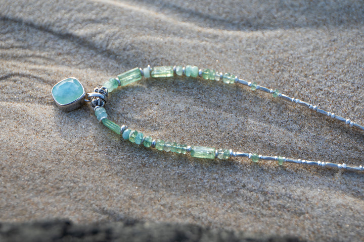 Reserved for Mimi ** Green Kyanite, Tourmaline Necklace and Thai Hill Tribe Silver Necklace with Peruvian Opal Pendant