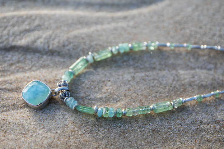 Reserved for Mimi ** Green Kyanite, Tourmaline Necklace and Thai Hill Tribe Silver Necklace with Peruvian Opal Pendant