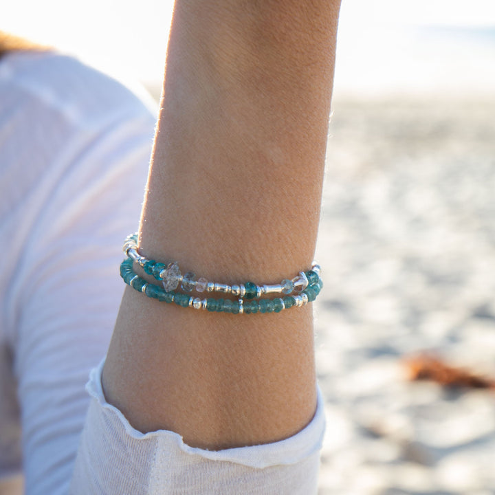 Handmade Beaded Apatite, Rainbow Moonstone and Herkimer Diamond Double Strand Bracelet