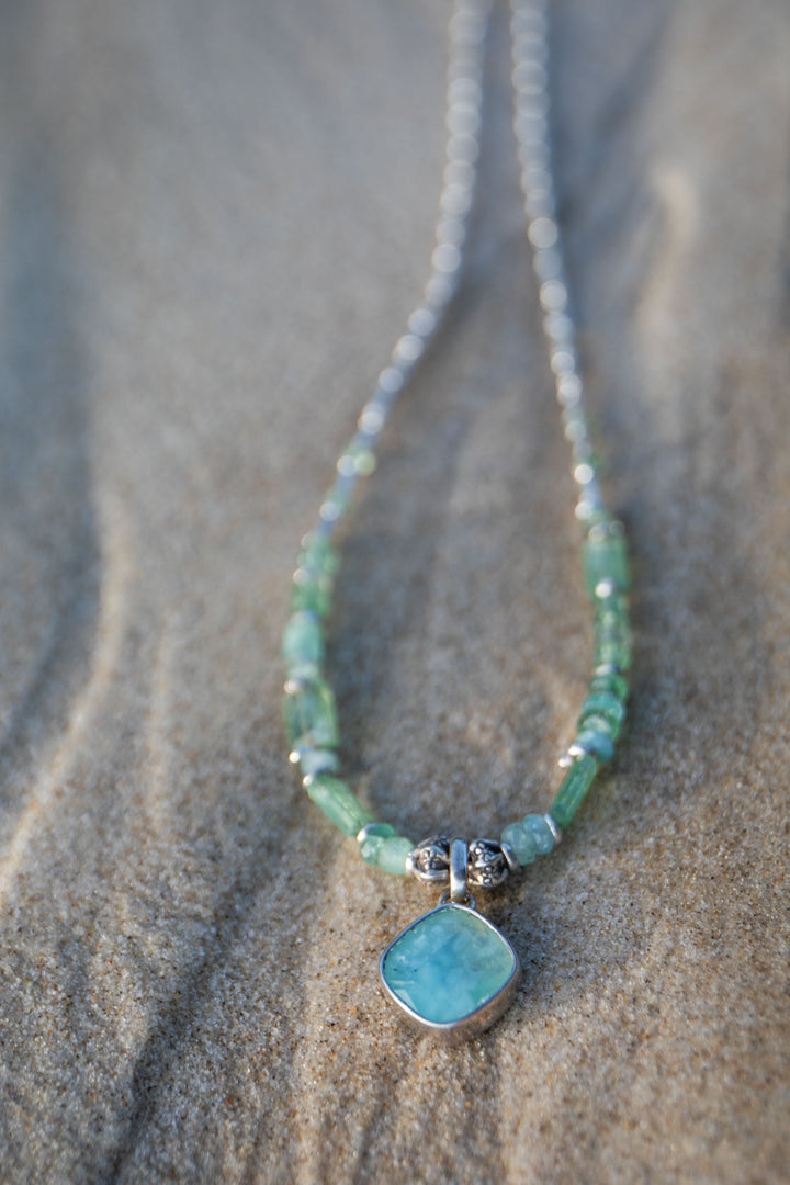 Reserved for Mimi ** Green Kyanite, Tourmaline Necklace and Thai Hill Tribe Silver Necklace with Peruvian Opal Pendant