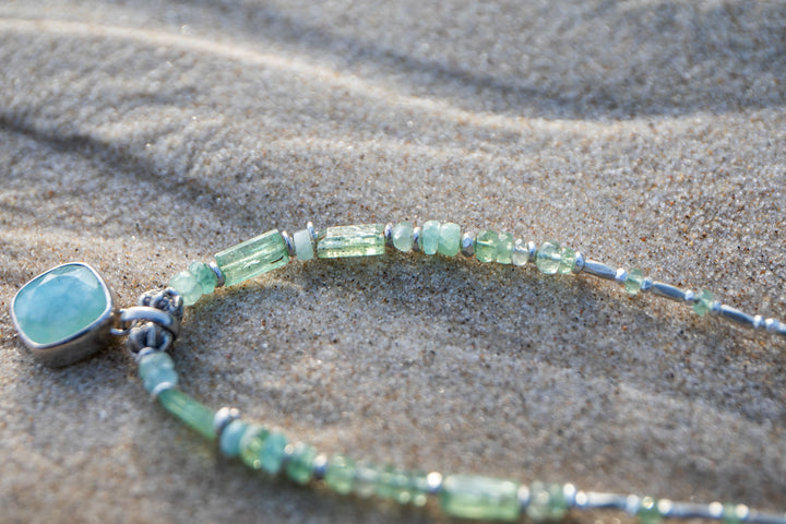 Reserved for Mimi ** Green Kyanite, Tourmaline Necklace and Thai Hill Tribe Silver Necklace with Peruvian Opal Pendant