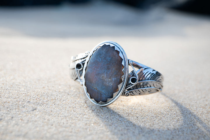 Silver Sheen Obsidian Bangle with Sterling Silver Leaf Embellishments