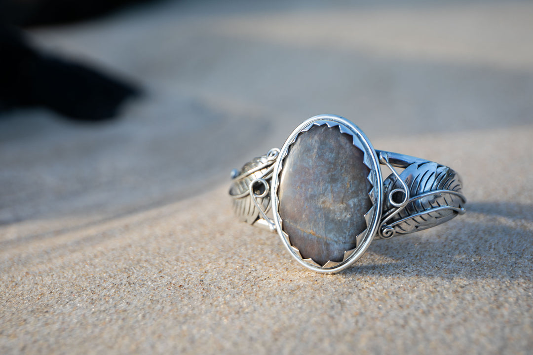 Silver Sheen Obsidian Bangle with Sterling Silver Leaf Embellishments