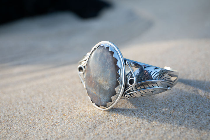 Silver Sheen Obsidian Bangle with Sterling Silver Leaf Embellishments