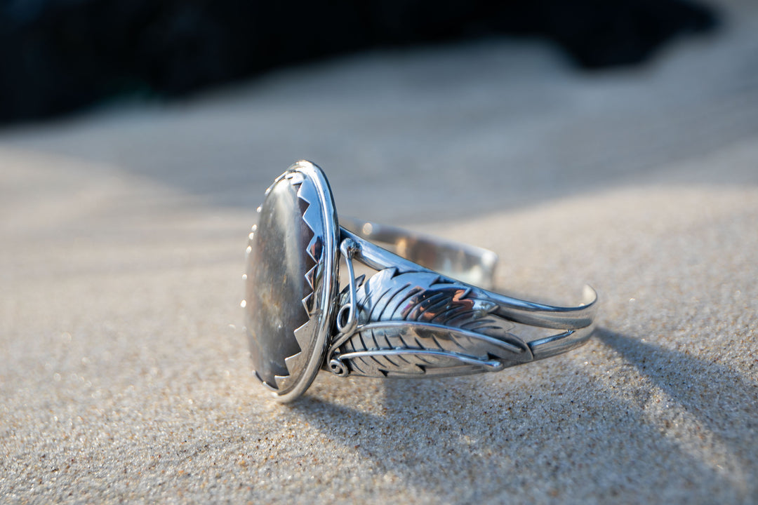 Silver Sheen Obsidian Bangle with Sterling Silver Leaf Embellishments