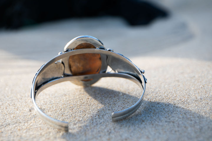 Silver Sheen Obsidian Bangle with Sterling Silver Leaf Embellishments