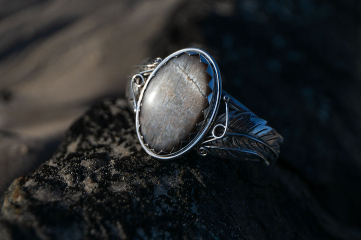 Silver Sheen Obsidian Bangle with Sterling Silver Leaf Embellishments