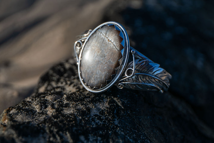 Silver Sheen Obsidian Bangle with Sterling Silver Leaf Embellishments