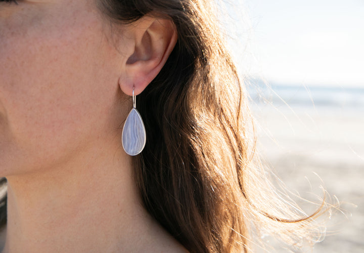 Blue Lace Agate Earrings in Brushed Sterling Silver