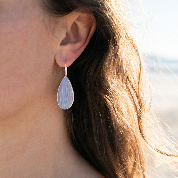 Blue Lace Agate Earrings in Brushed Sterling Silver
