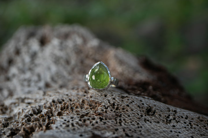 Faceted Peridot Ring in Beaten Sterling Silver - Size 6.5 US