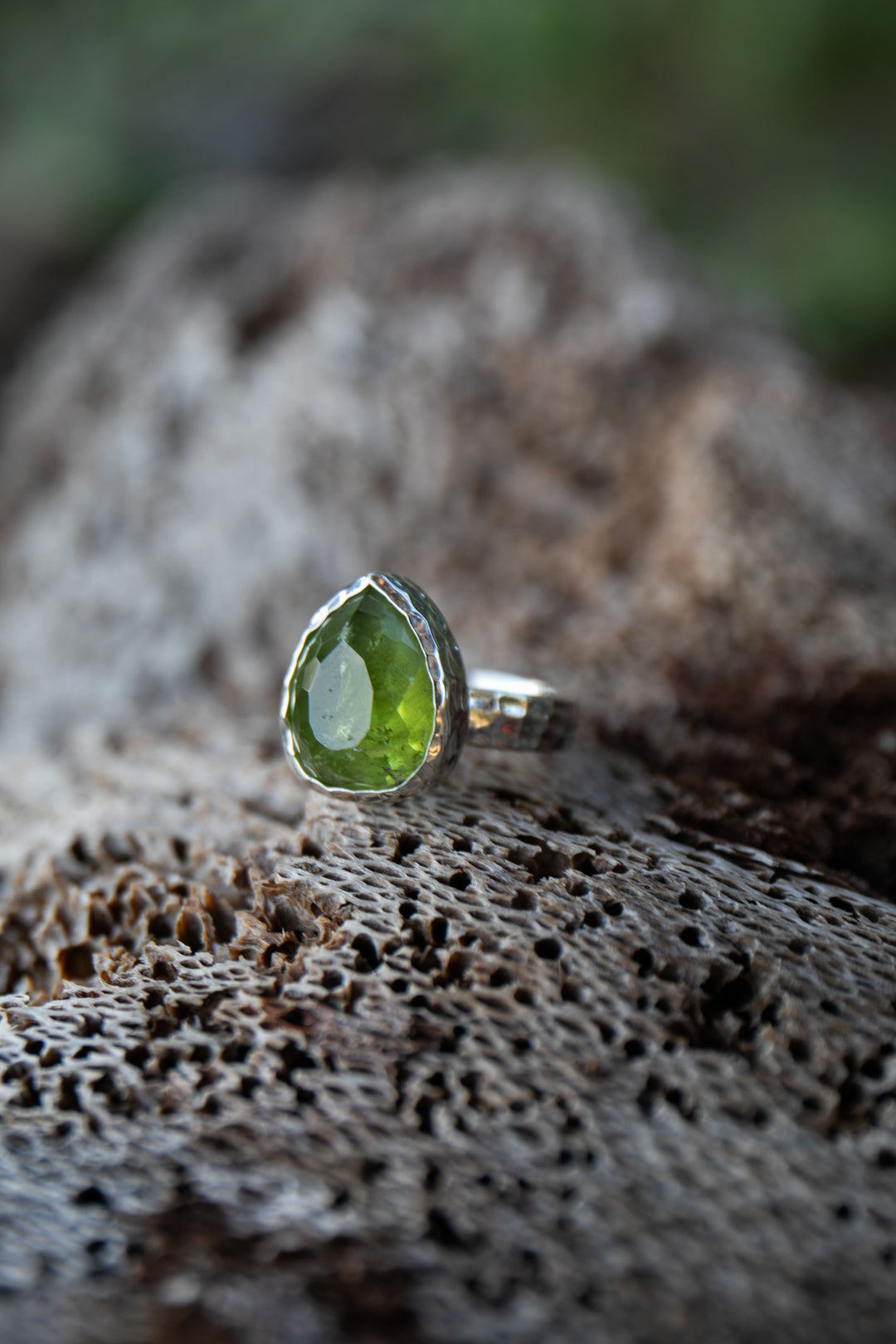 Faceted Peridot Ring in Beaten Sterling Silver - Size 6.5 US