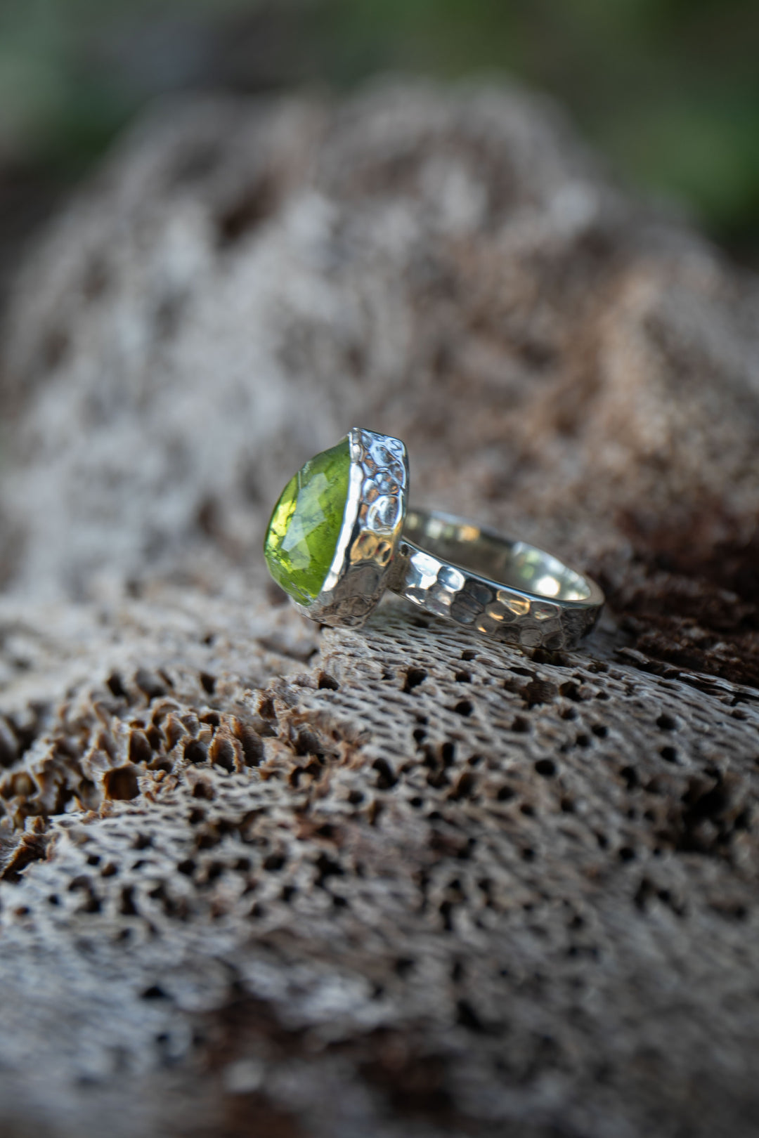 Faceted Peridot Ring in Beaten Sterling Silver - Size 6.5 US