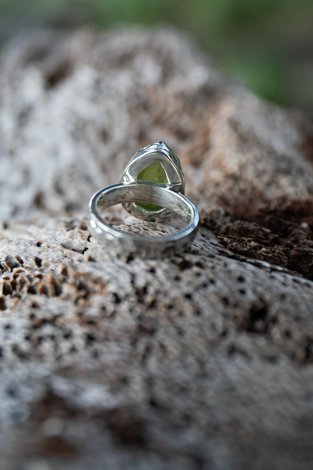 Faceted Peridot Ring in Beaten Sterling Silver - Size 6.5 US