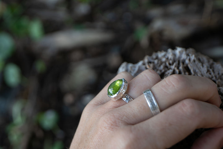 Faceted Peridot Ring in Beaten Sterling Silver - Size 6.5 US