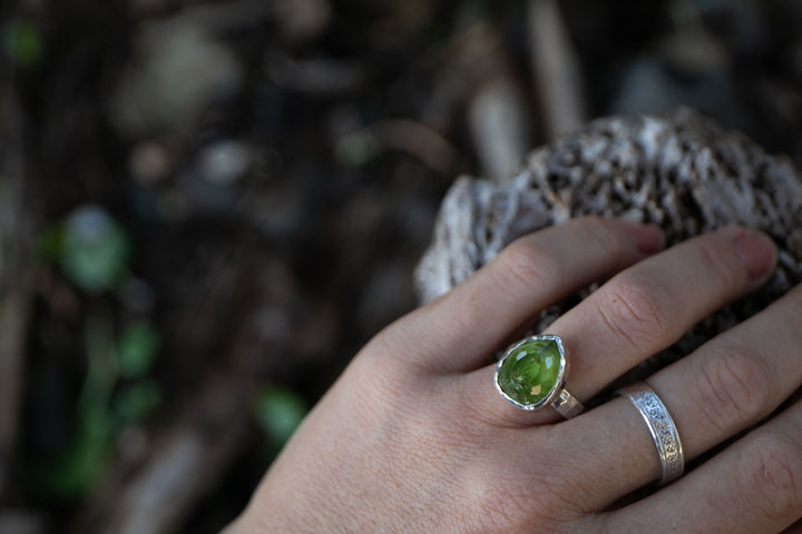 Faceted Peridot Ring in Beaten Sterling Silver - Size 6.5 US