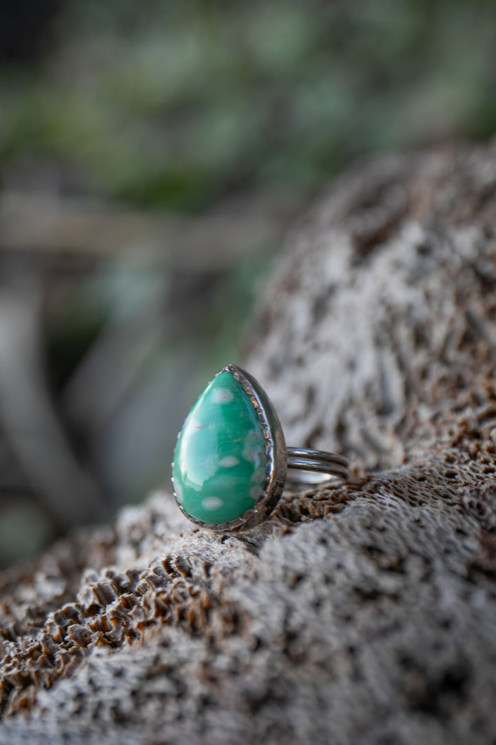 Teardrop Variscite Ring in Unique Sterling Silver - Size 9 US