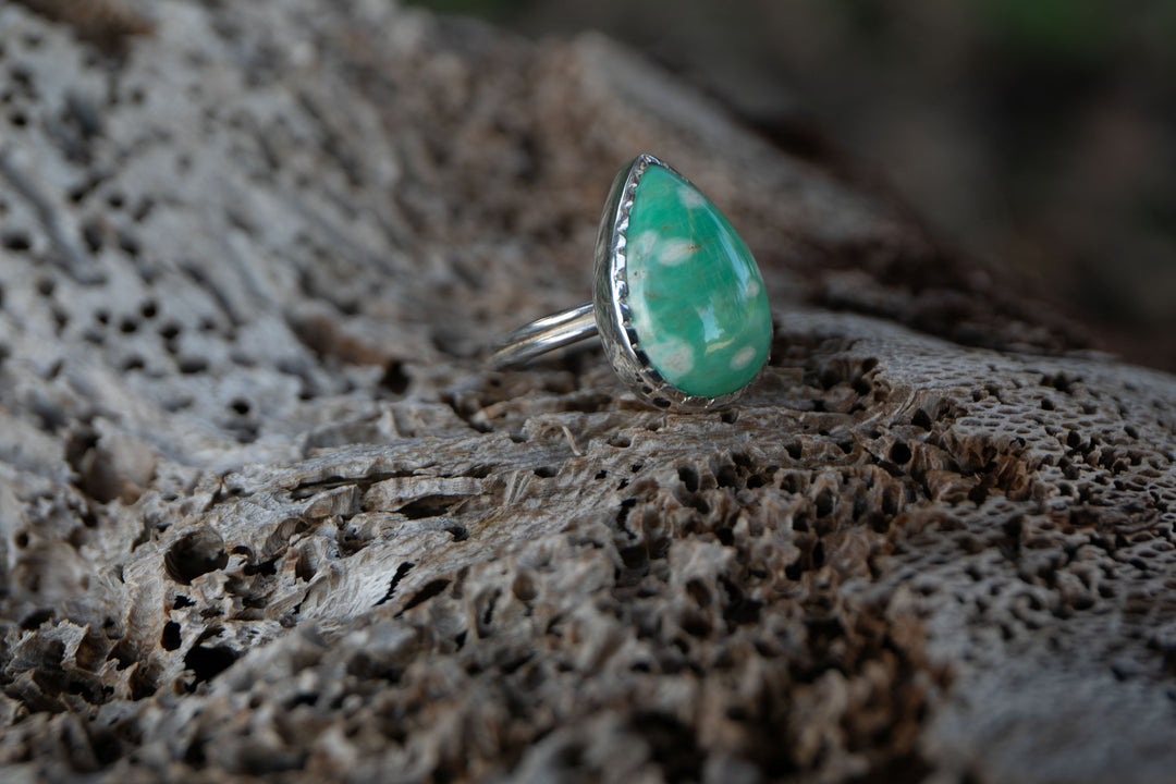 Teardrop Variscite Ring in Unique Sterling Silver - Size 9 US