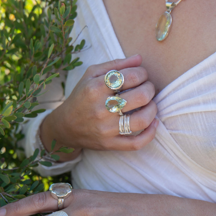 Faceted Round Green Amethyst Ring in Beaten Sterling Silver Setting - Size 9 US