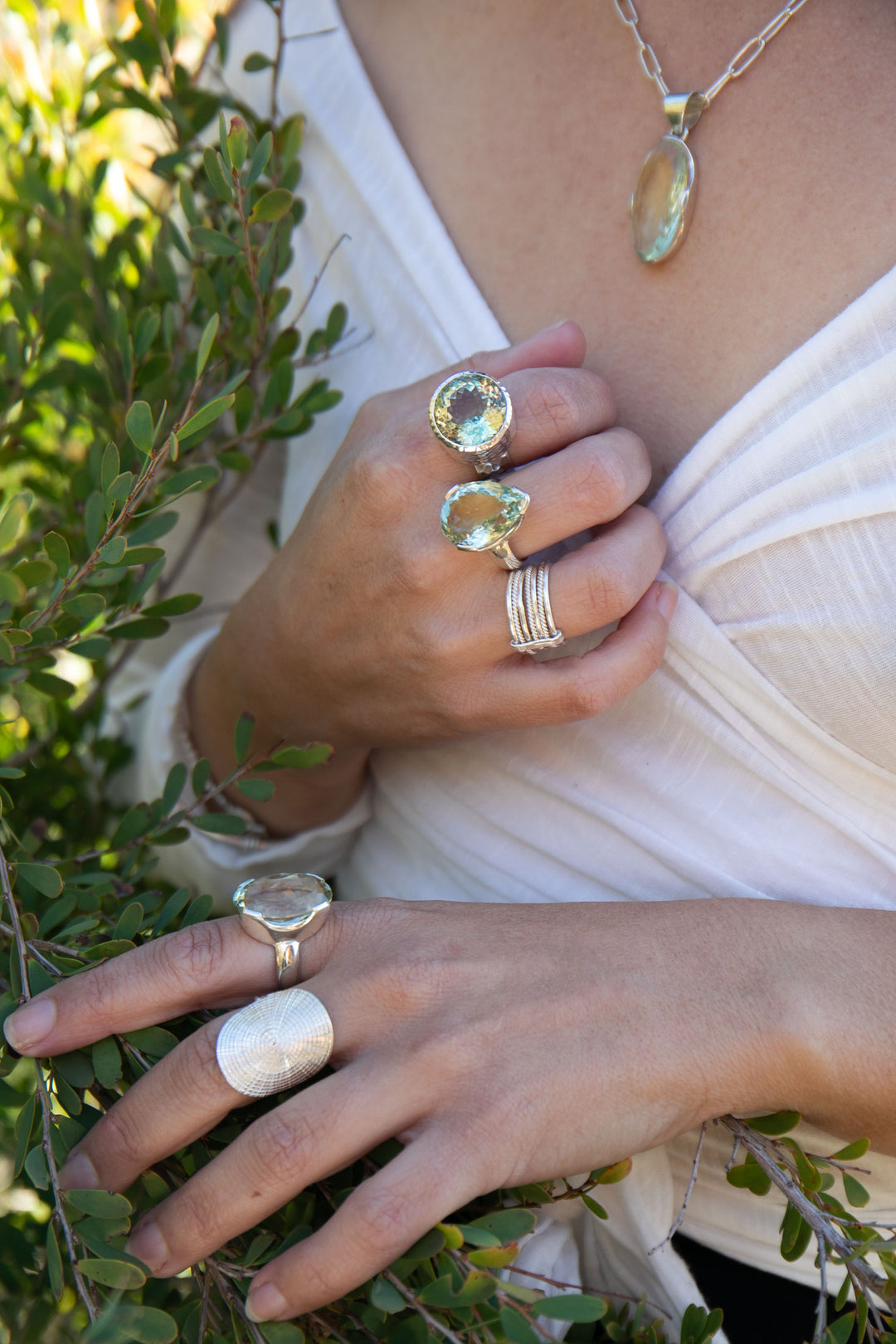 Faceted Round Green Amethyst Ring in Beaten Sterling Silver Setting - Size 9 US