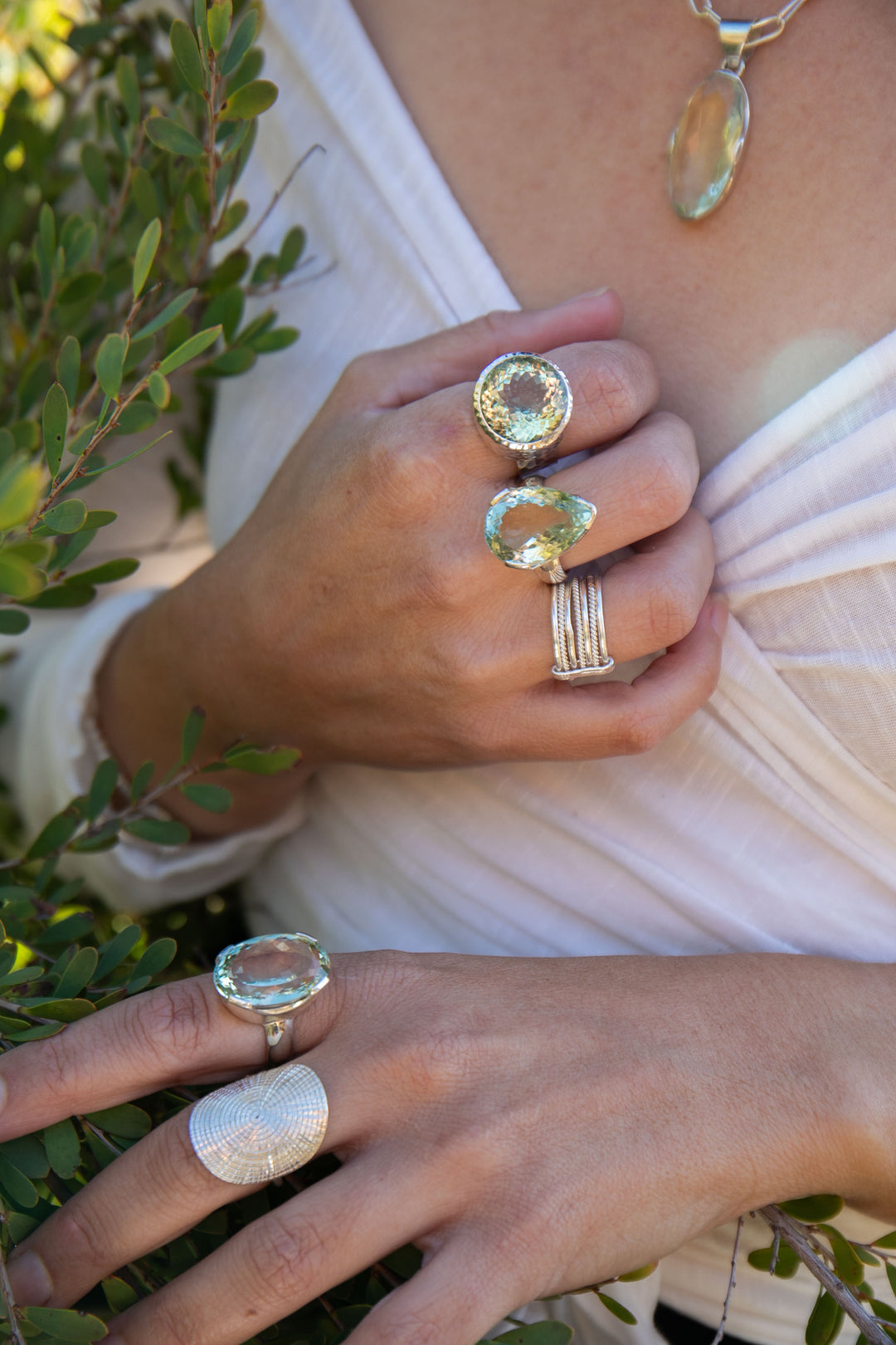 Faceted Green Amethyst Ring in Sterling Silver Setting - Size 8 US