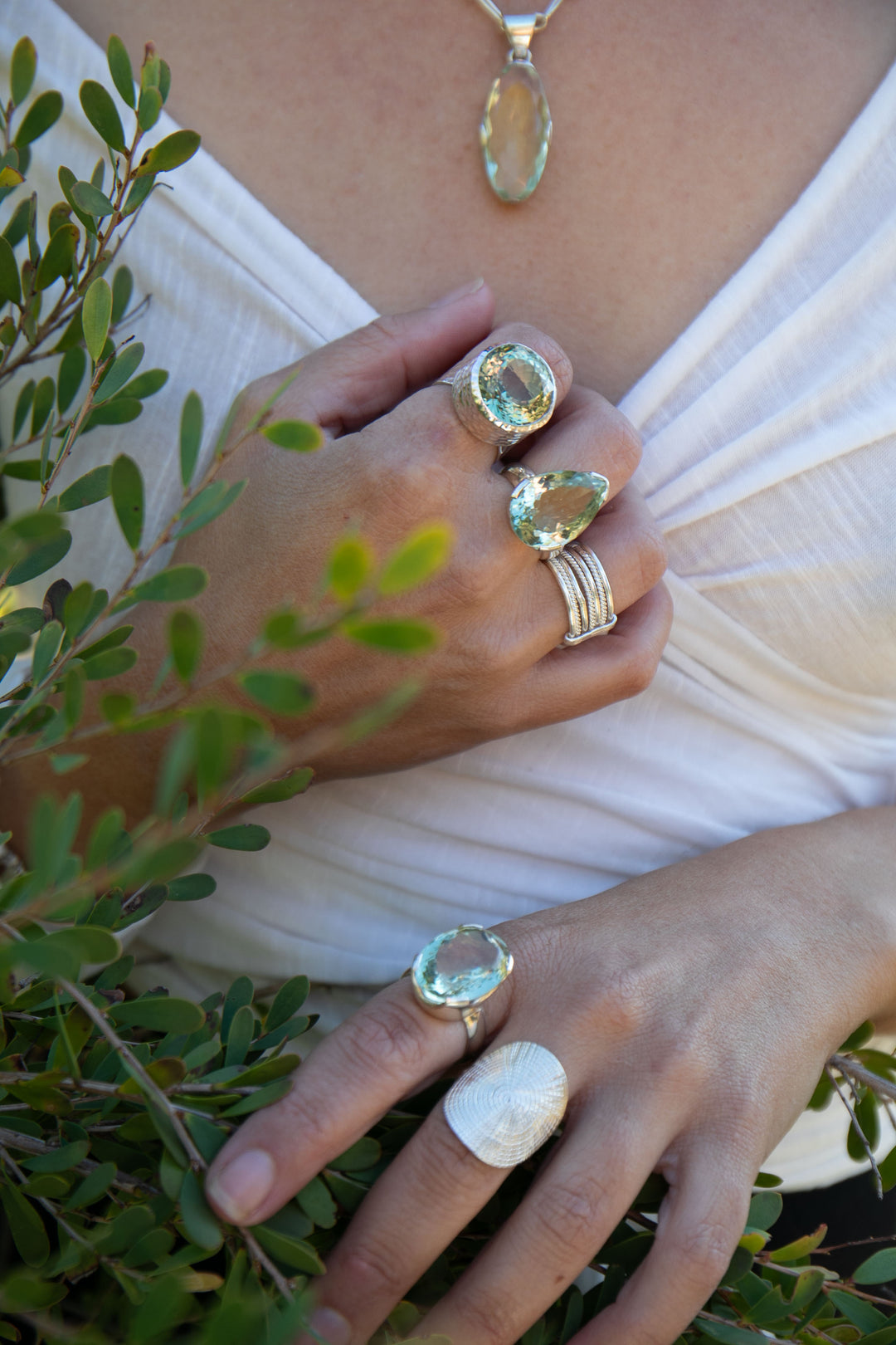 Faceted Round Green Amethyst Ring in Beaten Sterling Silver Setting - Size 9 US