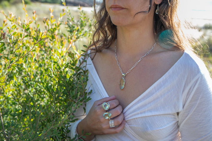 Faceted Green Amethyst Ring in Sterling Silver Setting - Size 8 US