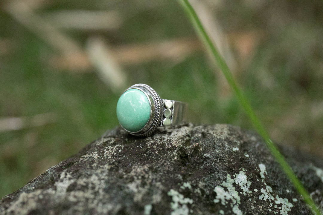 Round Variscite Ring in Tribal Sterling Silver Setting - Size 8.5
