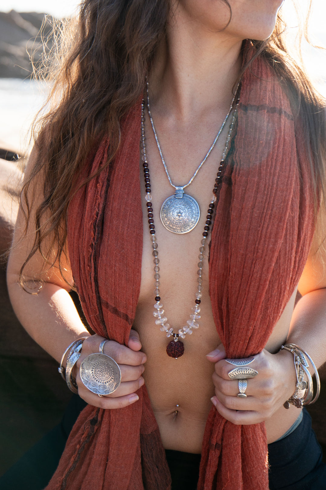 Smokey Quartz, Crystal Clear Quartz and Rosewood Mala Necklace with Sacred Rudraksha Guru Bead
