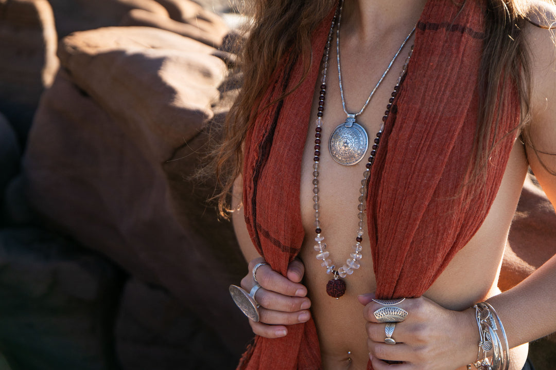 Smokey Quartz, Crystal Clear Quartz and Rosewood Mala Necklace with Sacred Rudraksha Guru Bead