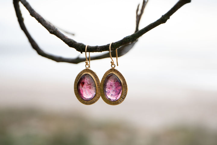 Stunning Rose Cut Pink Tourmaline Earrings in Gold Plated Silver