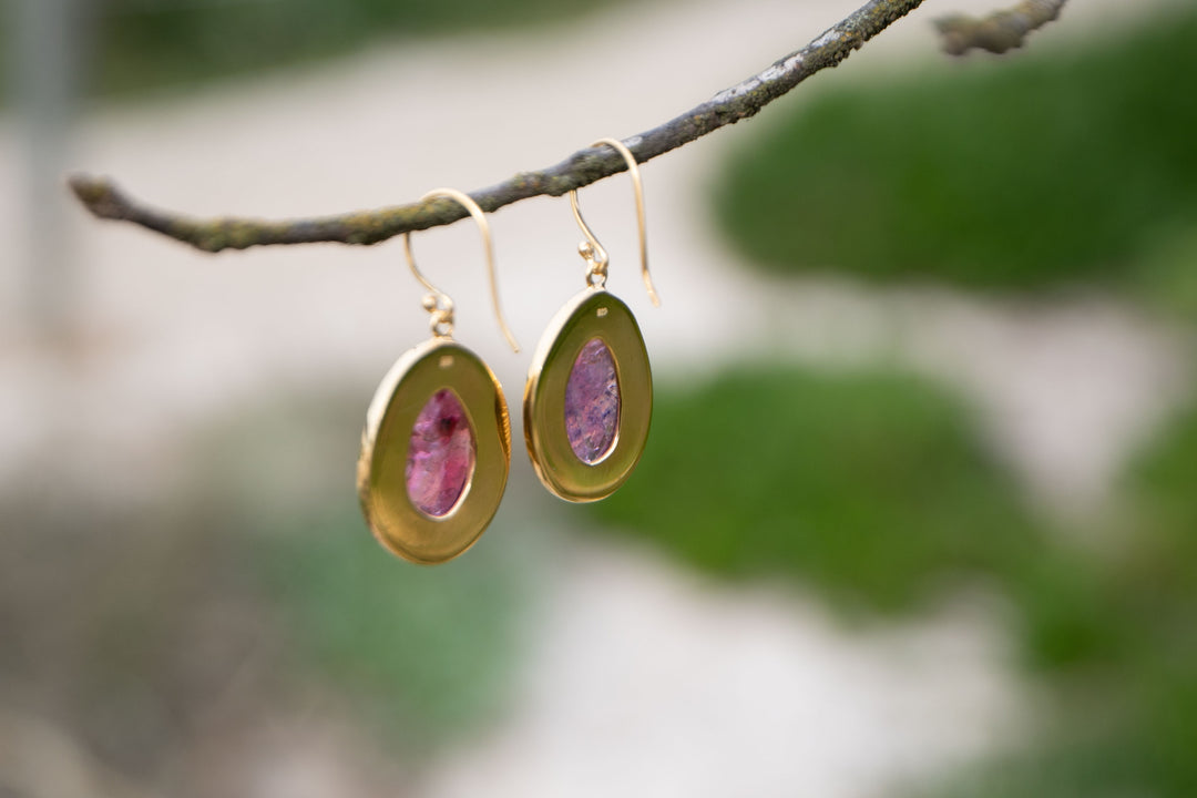 Stunning Rose Cut Pink Tourmaline Earrings in Gold Plated Silver