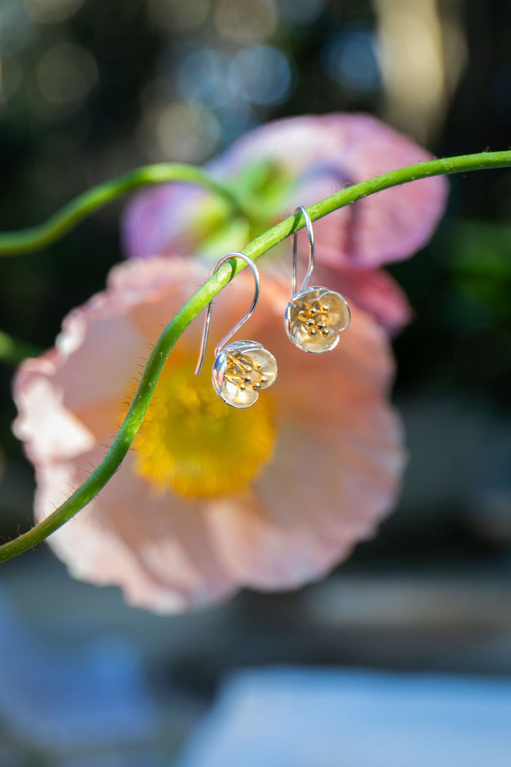 Sweet Silver Flower Earrings with Gold Stamens