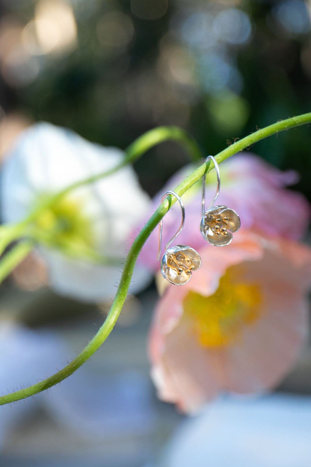 Sweet Silver Flower Earrings with Gold Stamens