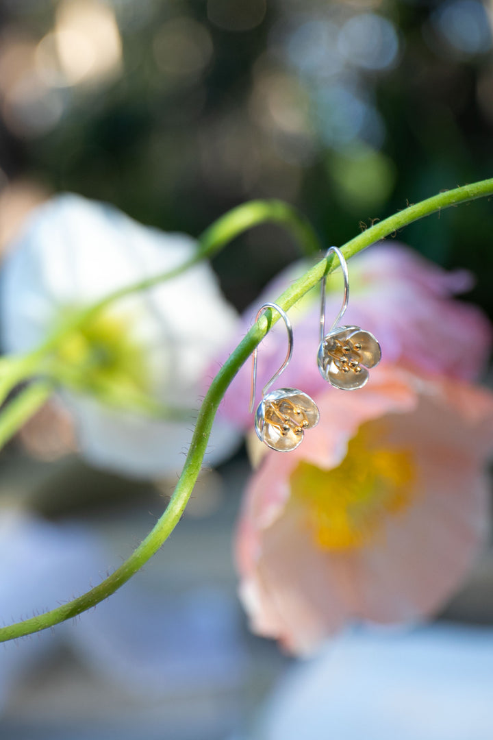 Sweet Silver Flower Earrings with Gold Stamens