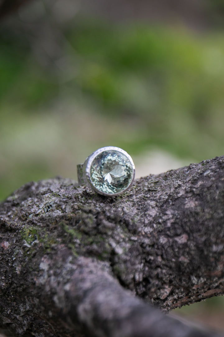 Faceted Round Green Amethyst Ring in Beaten Sterling Silver Setting - Size 9 US