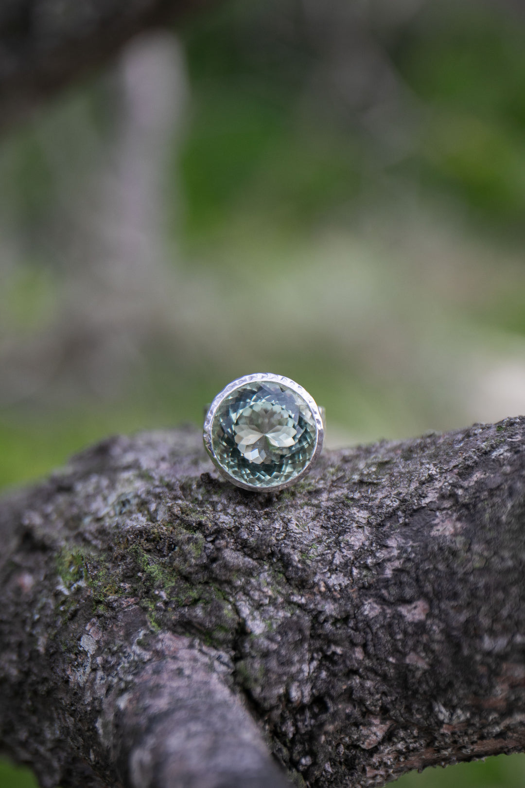 Faceted Round Green Amethyst Ring in Beaten Sterling Silver Setting - Size 9 US