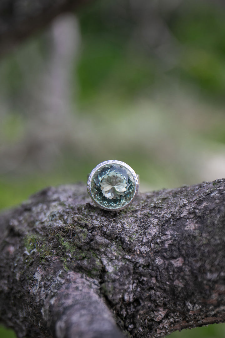 Faceted Round Green Amethyst Ring in Beaten Sterling Silver Setting - Size 9 US