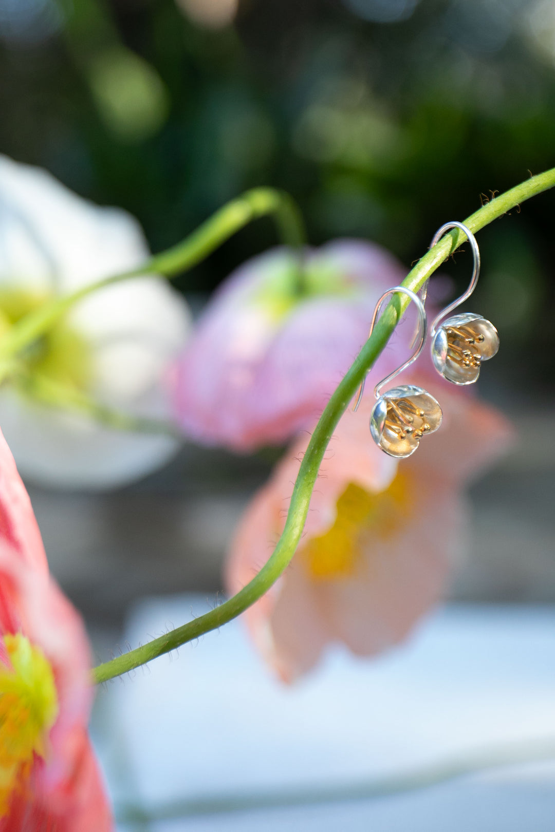 Sweet Silver Flower Earrings with Gold Stamens